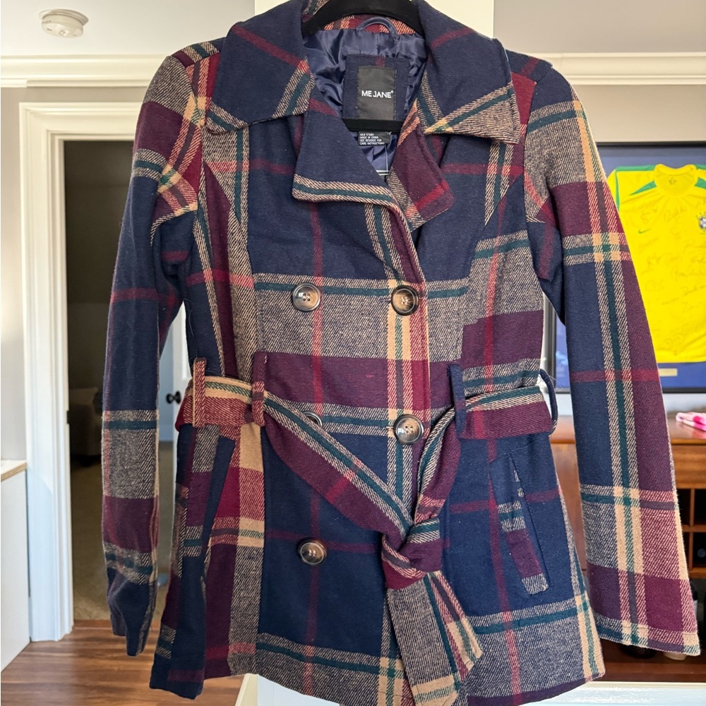 NWT Me Jane Navy and Burgundy Plaid Coat